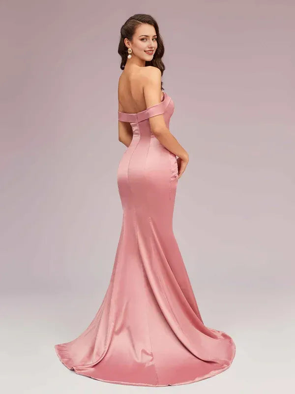 Robe de soirée longue en satin plissé, style sirène, épaules dénudées, sexy, avec traîne